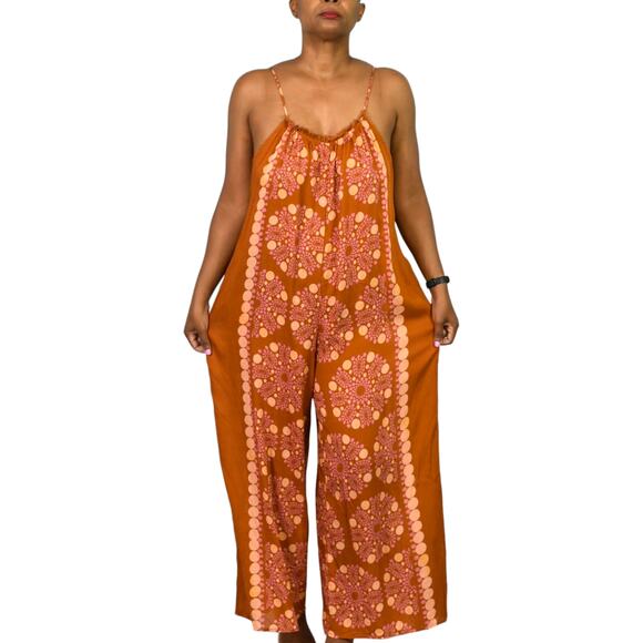 Anthropologie Malika Jumpsuit Orange Print Wide Leg Swim Coverup Oversized XXS - Picture 1 of 16